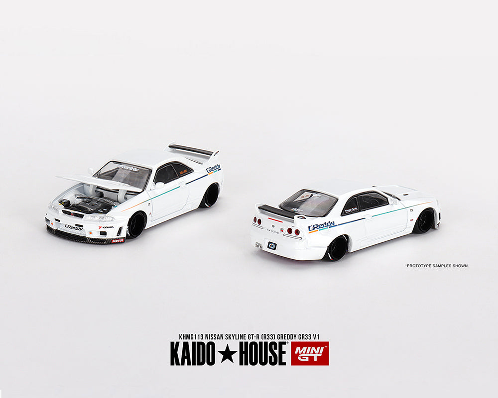 yoppy Kaido House x Mini GT Nissan GT-R (R33) Greddy GR33 V1 White