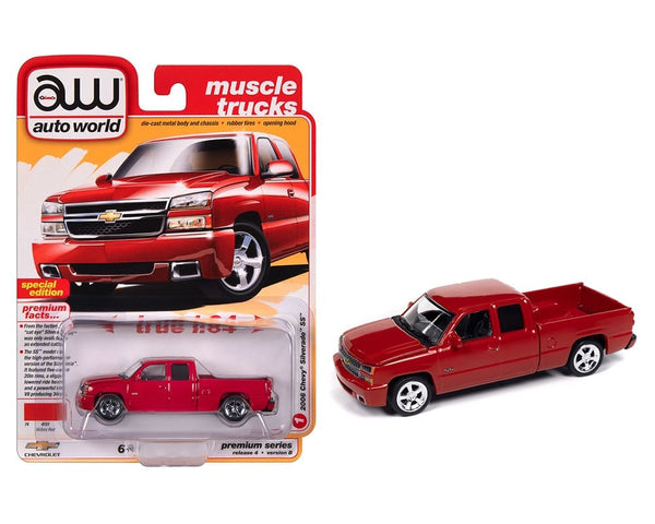 Auto World 1:64 2006 Chevrolet Silverado SS Truck Extended Cab Fleetside – Victory Red – Muscle Trucks