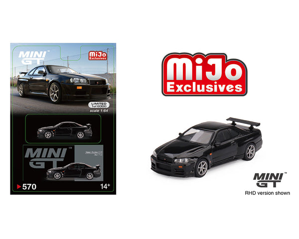 Mini GT 1:64 Nissan Skyline GT-R (R34) V-Spec – Black Pearl – Mijo Exclusives